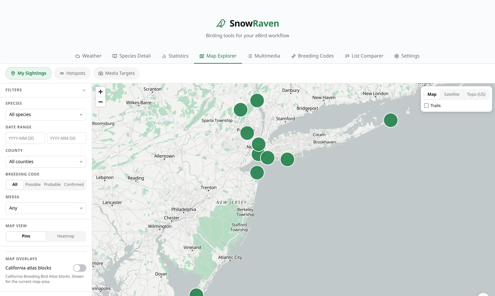 The Map Explorer tab showing sighting clusters around New York and New Jersey on a street basemap.