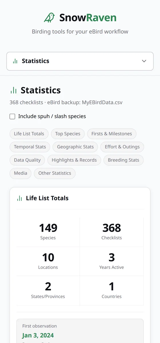SnowRaven Statistics on a phone-sized screen, showing the responsive layout.